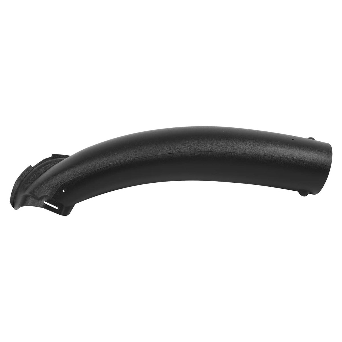 Black curved chute part with raised lip and small molded details along the bend