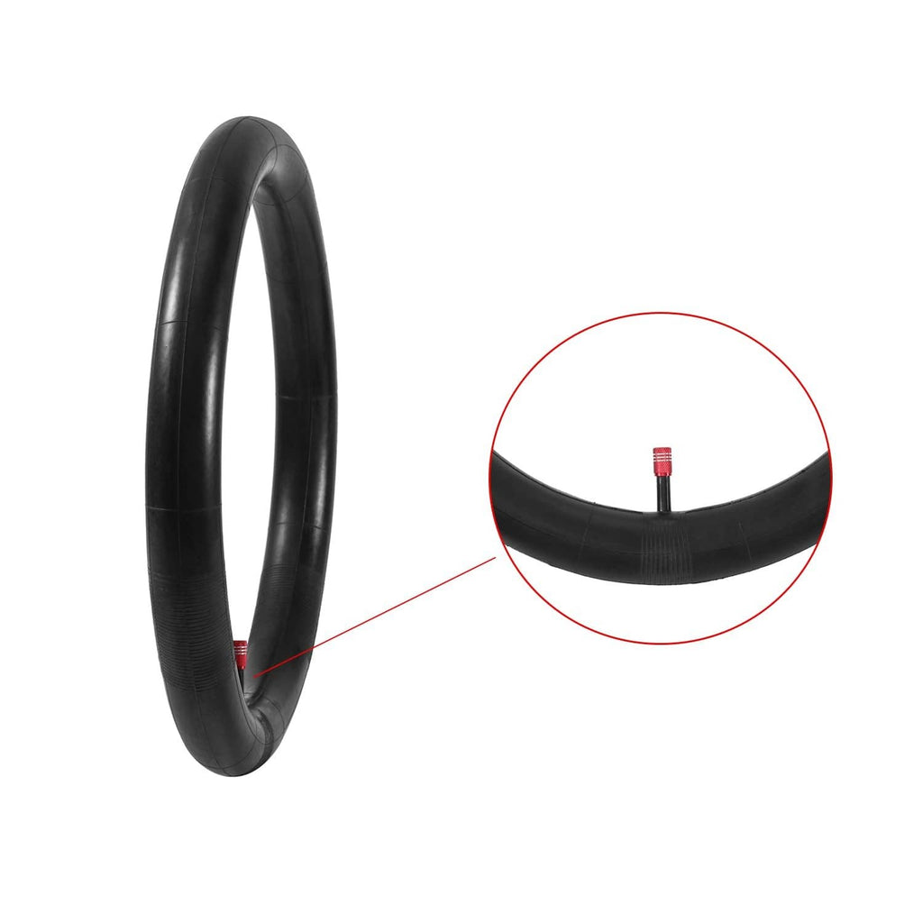 Black inner tube with straight red valve stem inset, side profile
