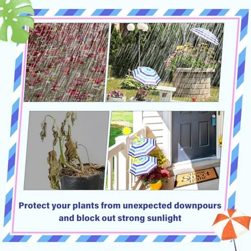 Blue and white striped plant umbrella over outdoor flowers, open canopy