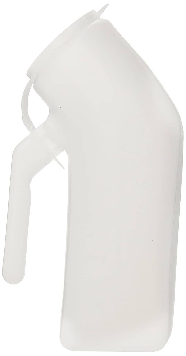 Male urinal bottle with lid, white plastic, side view with spout opening