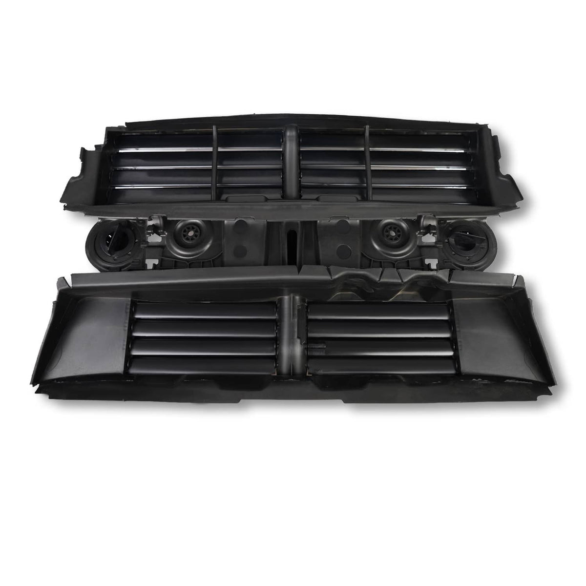 Front active grille shutter assembly with motor, dual slat grille and circular actuator mounts