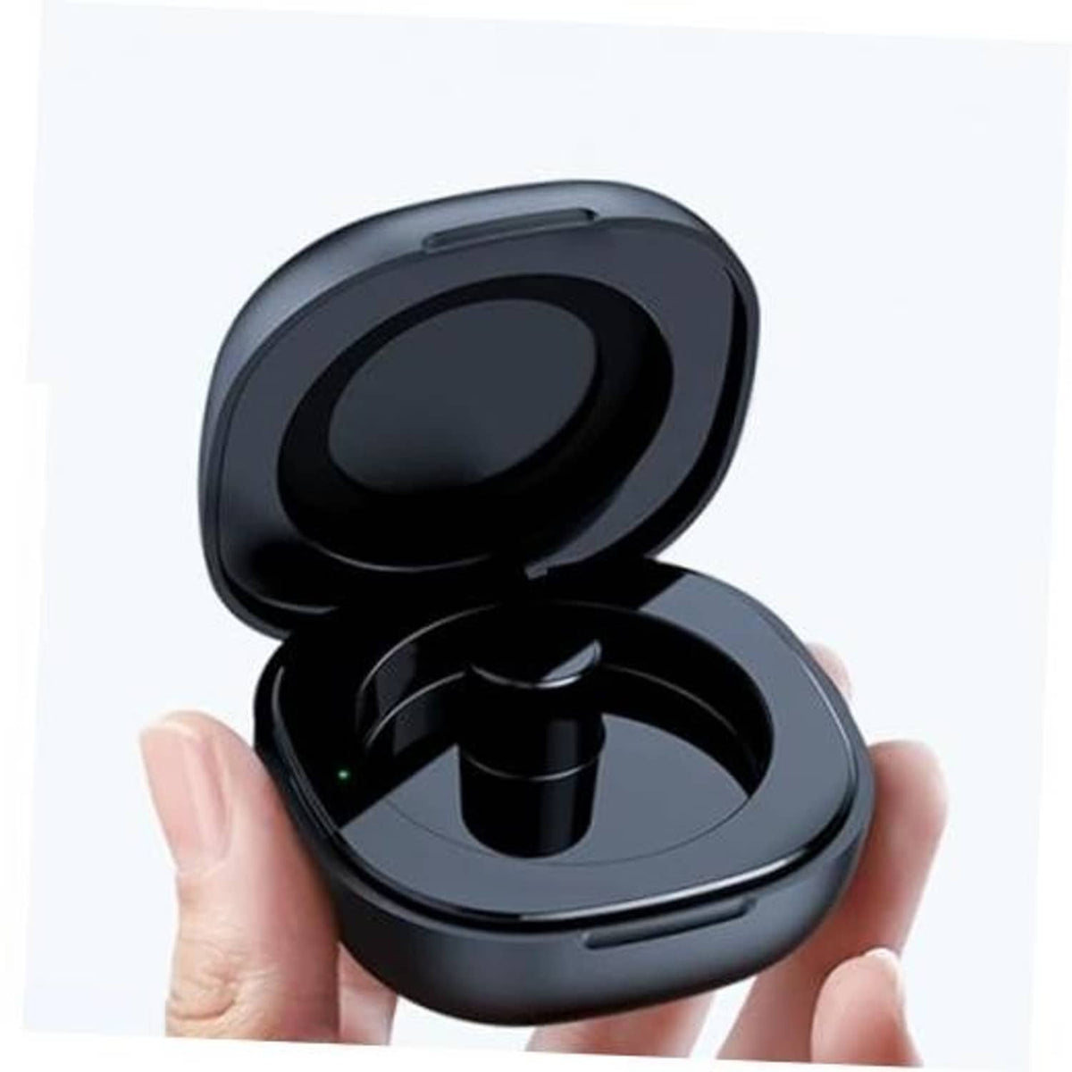 Black magnetic charging case open, showing the round charging contact