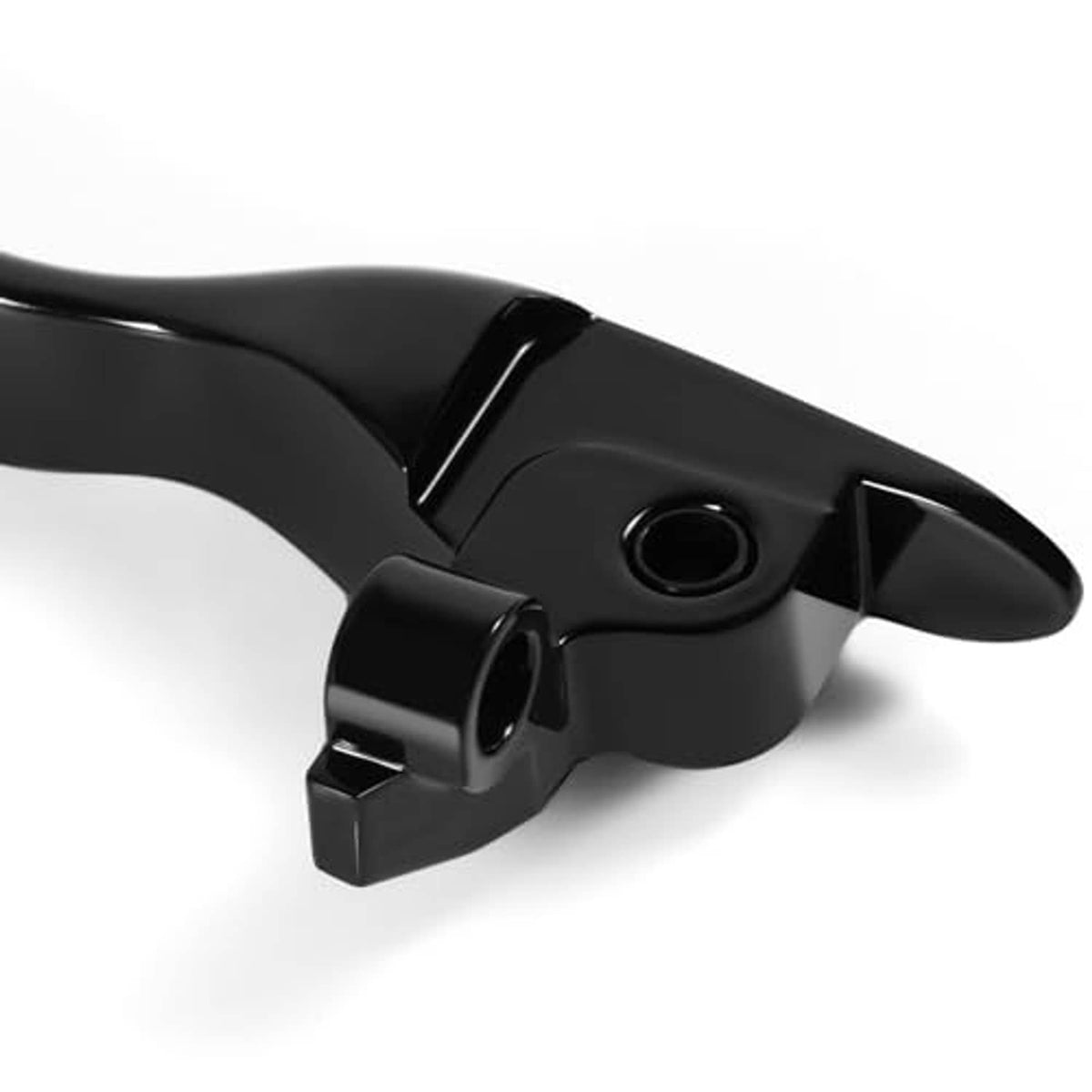 Black clutch lever control end with round pivot hole and clamp mount