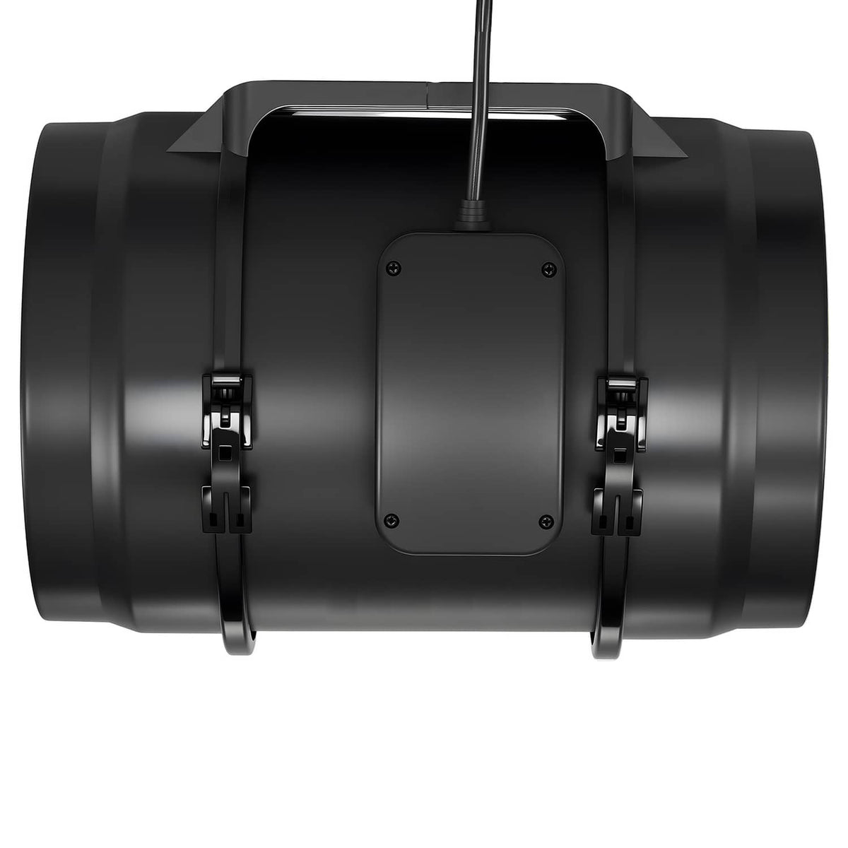 8-inch inline duct fan with black cylindrical housing and power cord