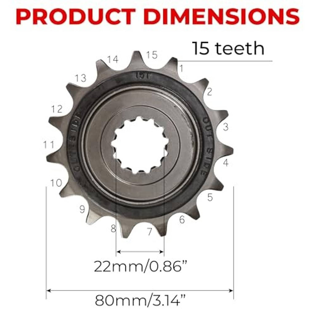 15-tooth sprocket dimensions diagram: 80mm overall, 22mm center width