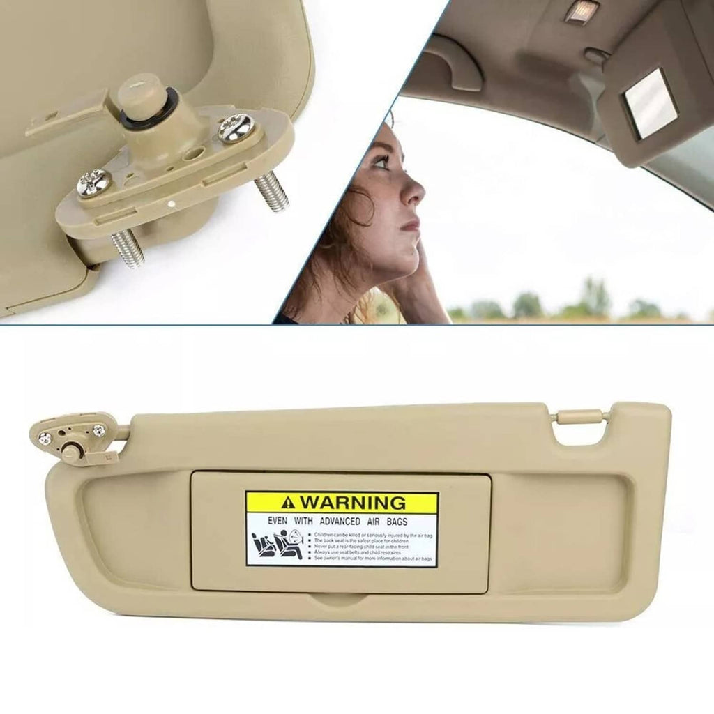 Beige sun visor bracket and hinge hardware, underside mount detail