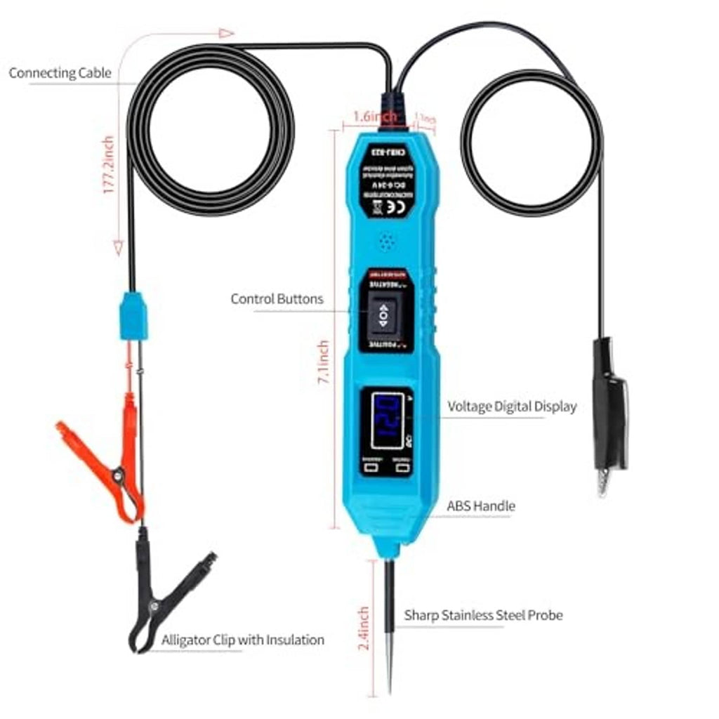 Automotive voltage power probe tester with blue handheld meter, two cables, and steel probe