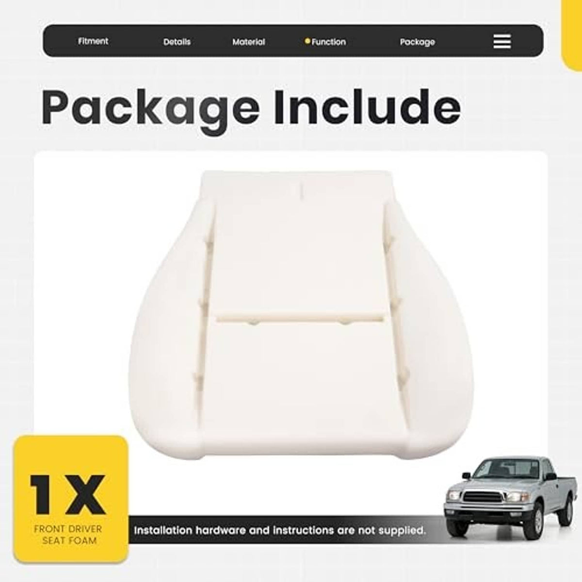 Front driver seat foam cushion, white molded shape with top groove channels