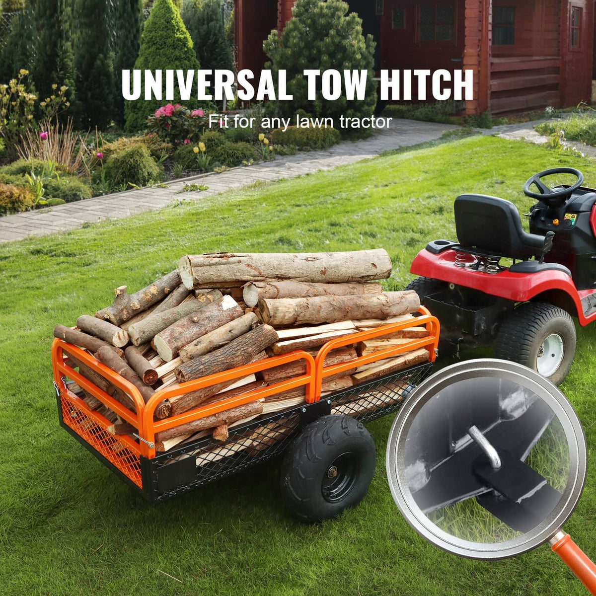 Orange tow-behind dump cart with black mesh sides, filled with logs, universal hitch