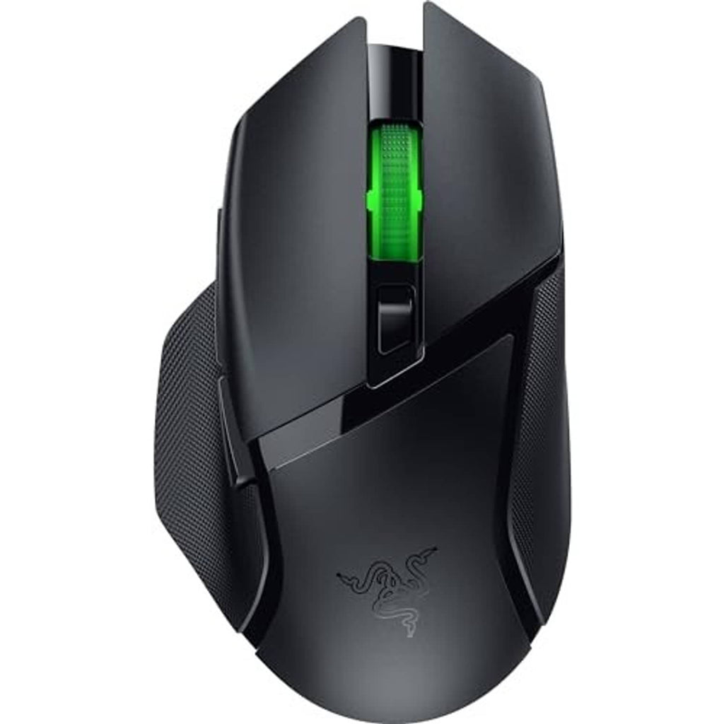 Matte black gaming mouse with green illuminated scroll and textured left side