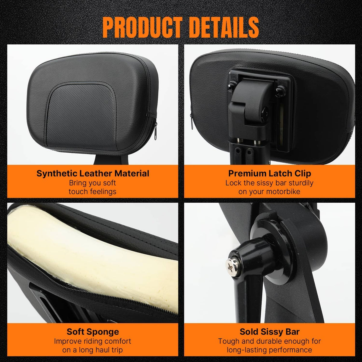 Motorcycle sissy bar backrest with black synthetic leather cushion and latch clip