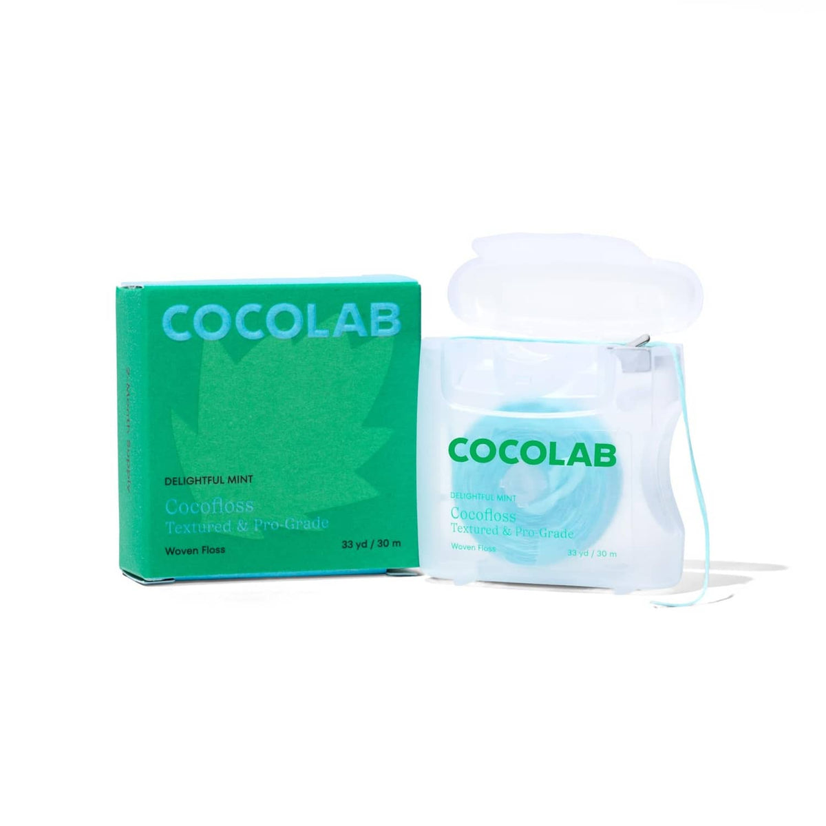 COCOLAB woven dental floss pack set with green box and clear refill pouch