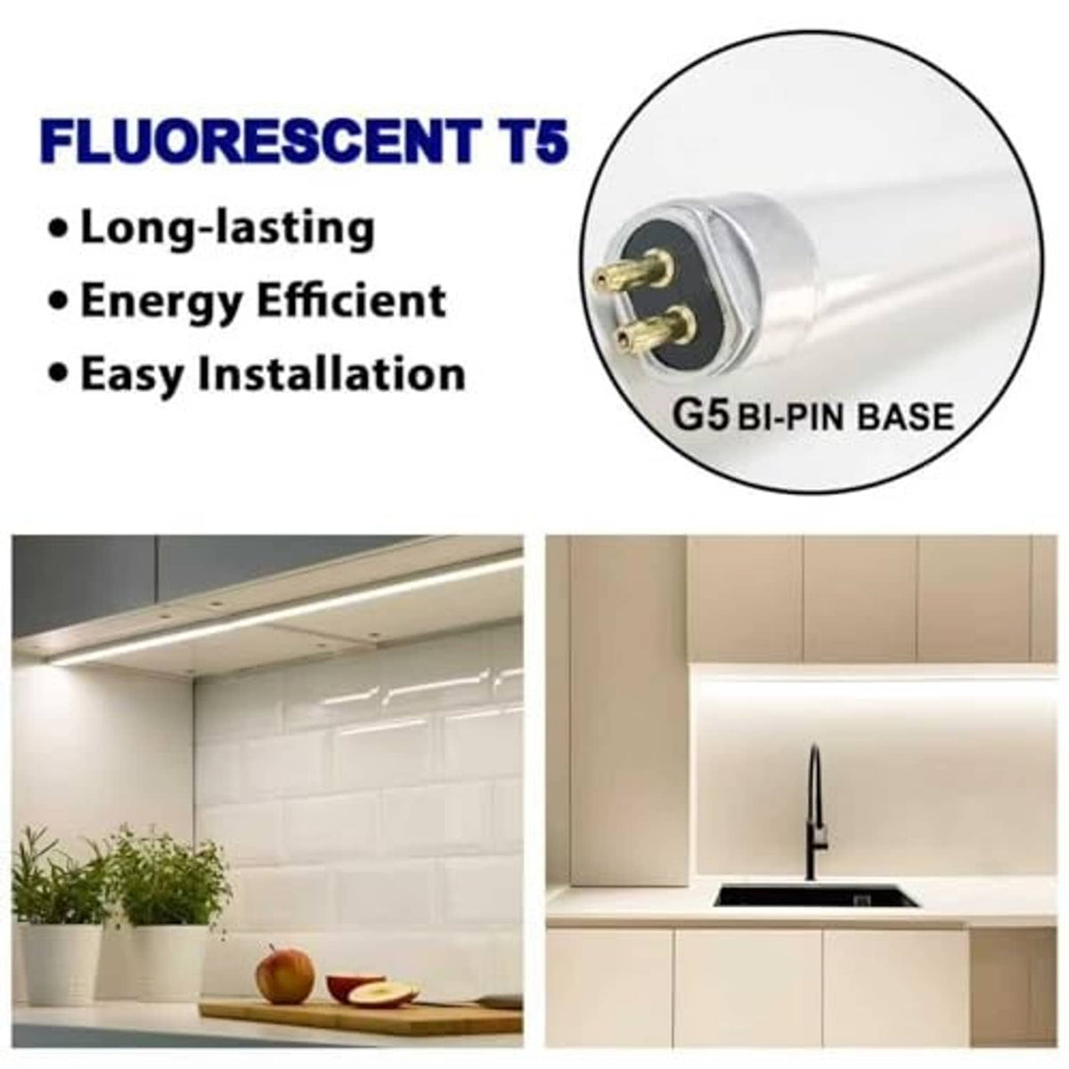 Fluorescent T5 tube with close-up G5 bi-pin base connector