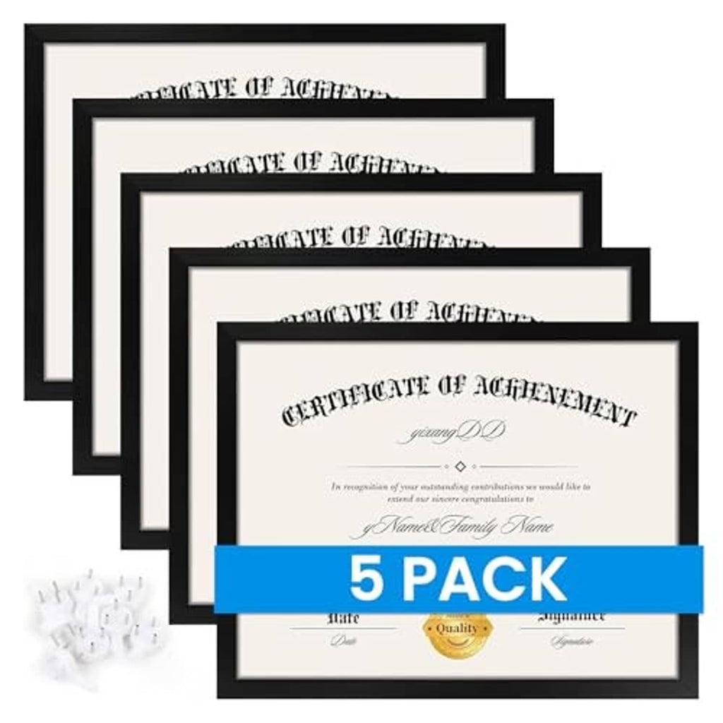 Set of five black certificate frames with certificate inserts and blue 5 pack label