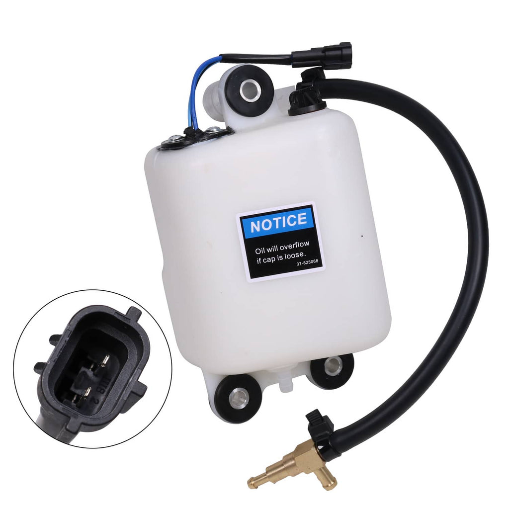 Outboard oil tank assembly with white tank, black hoses, warning label, and mounting feet