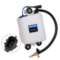 Outboard oil tank assembly with white tank, black hoses, warning label, and mounting feet