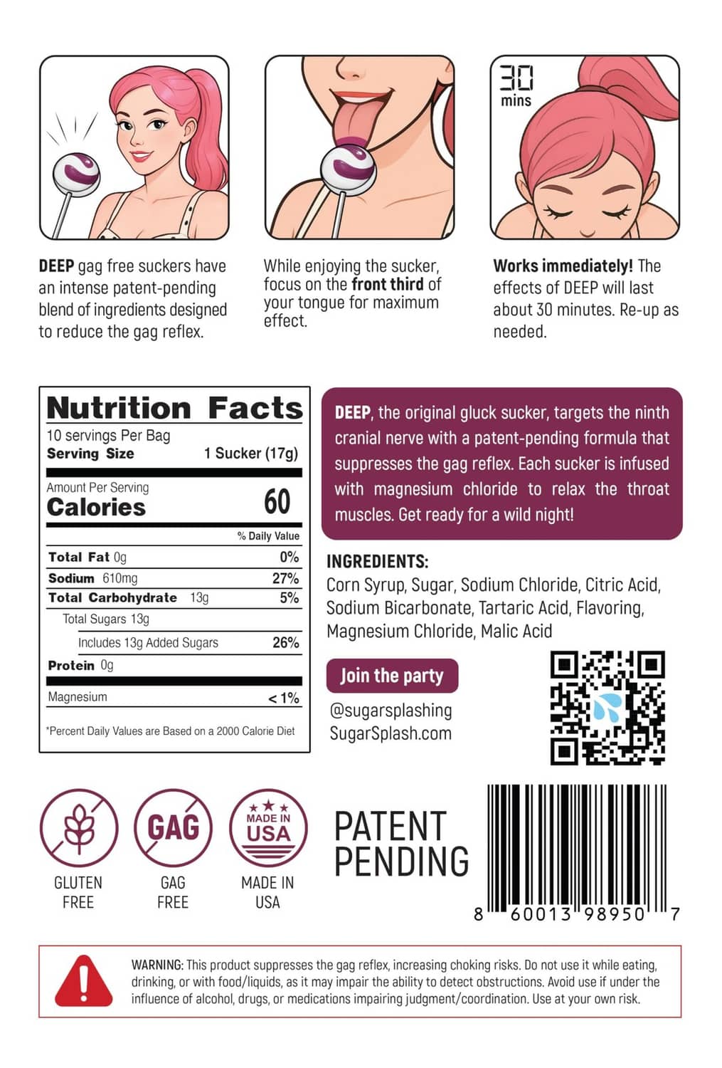 Nutrition facts and ingredients label for purple raspberry gag suppressing suckers