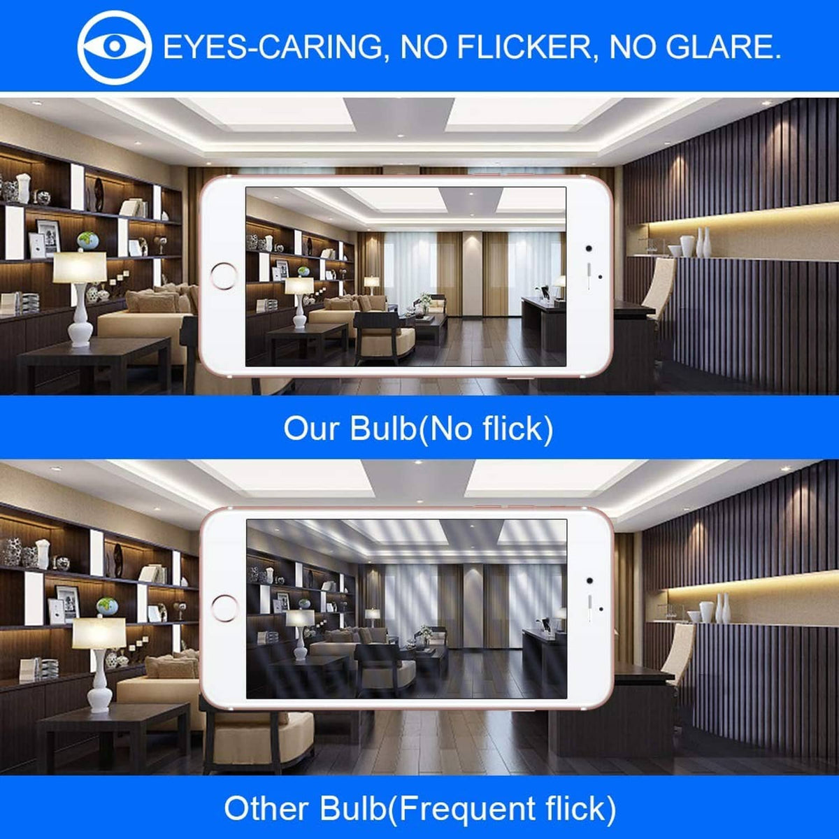 Anti-flicker graphic showing an LED bulb and “no flick” comparison
