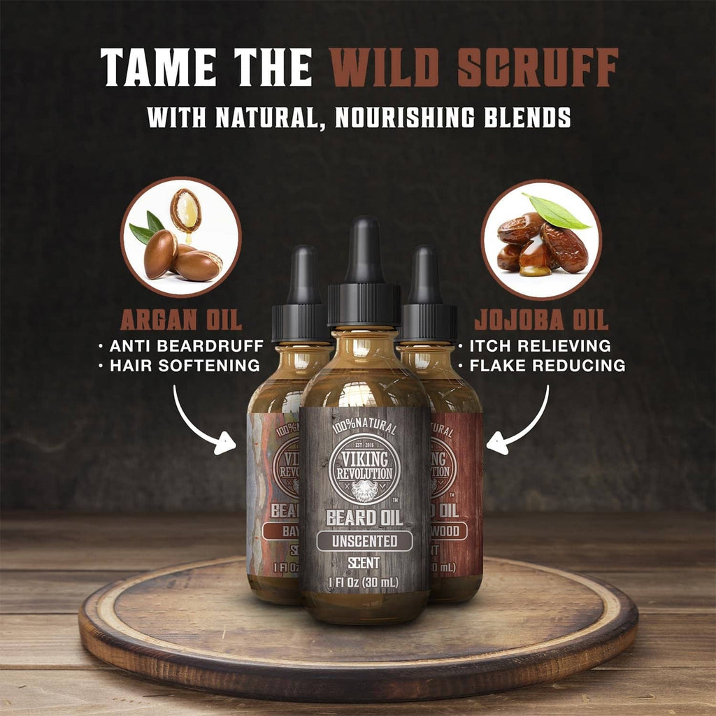 Unscented beard oil bottle with two companion bottles, amber glass and black caps