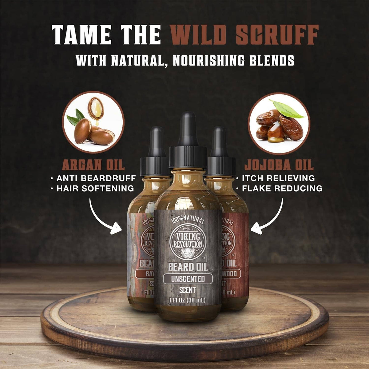 Unscented beard oil bottle with two companion bottles, amber glass and black caps