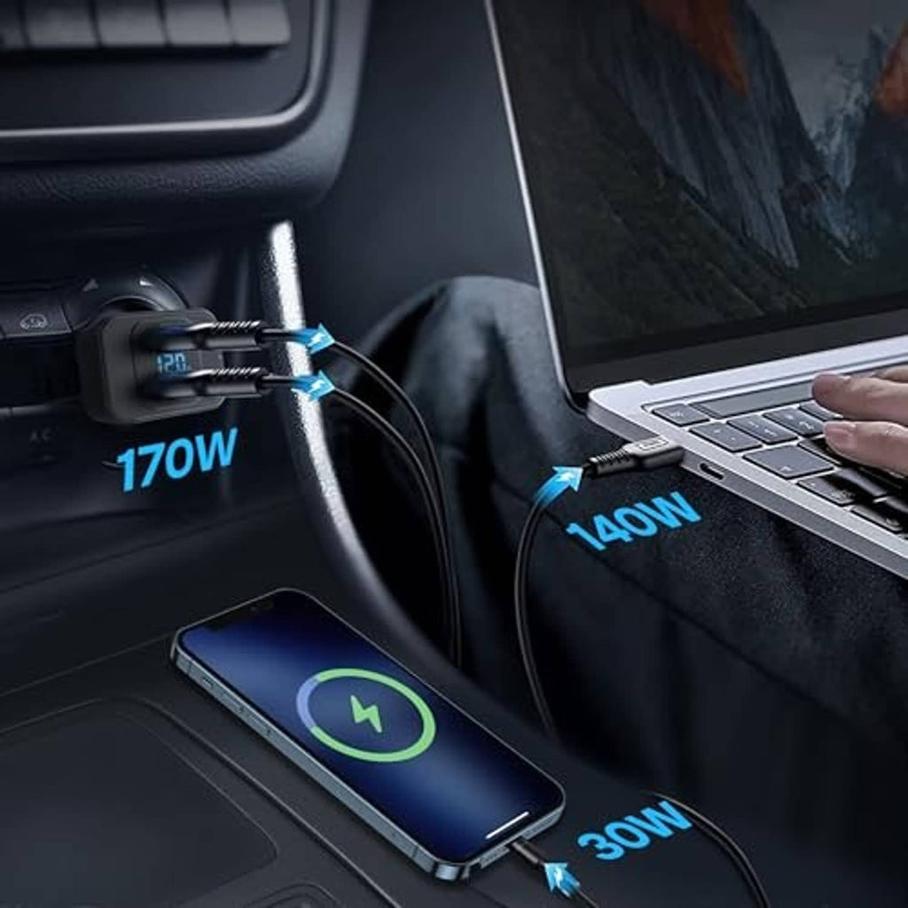 Dual-port car charger with LED display charging a phone and a laptop in-car