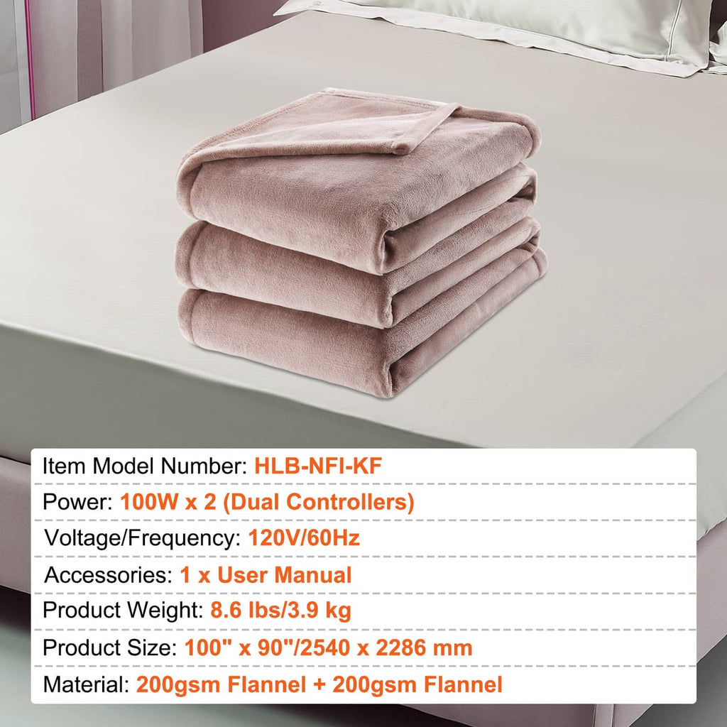 Stacked taupe electric heated throw blanket folded neatly on a surface