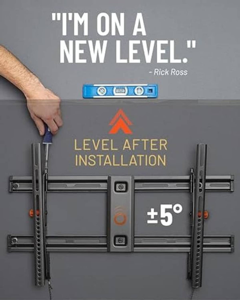 Low-profile wall TV mount bracket installed with adjustable leveling feature, black