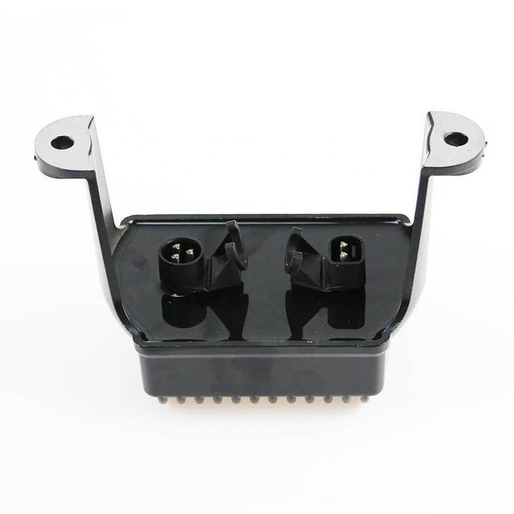 Motorcycle regulator rectifier underside with two wire connectors and mounting tabs