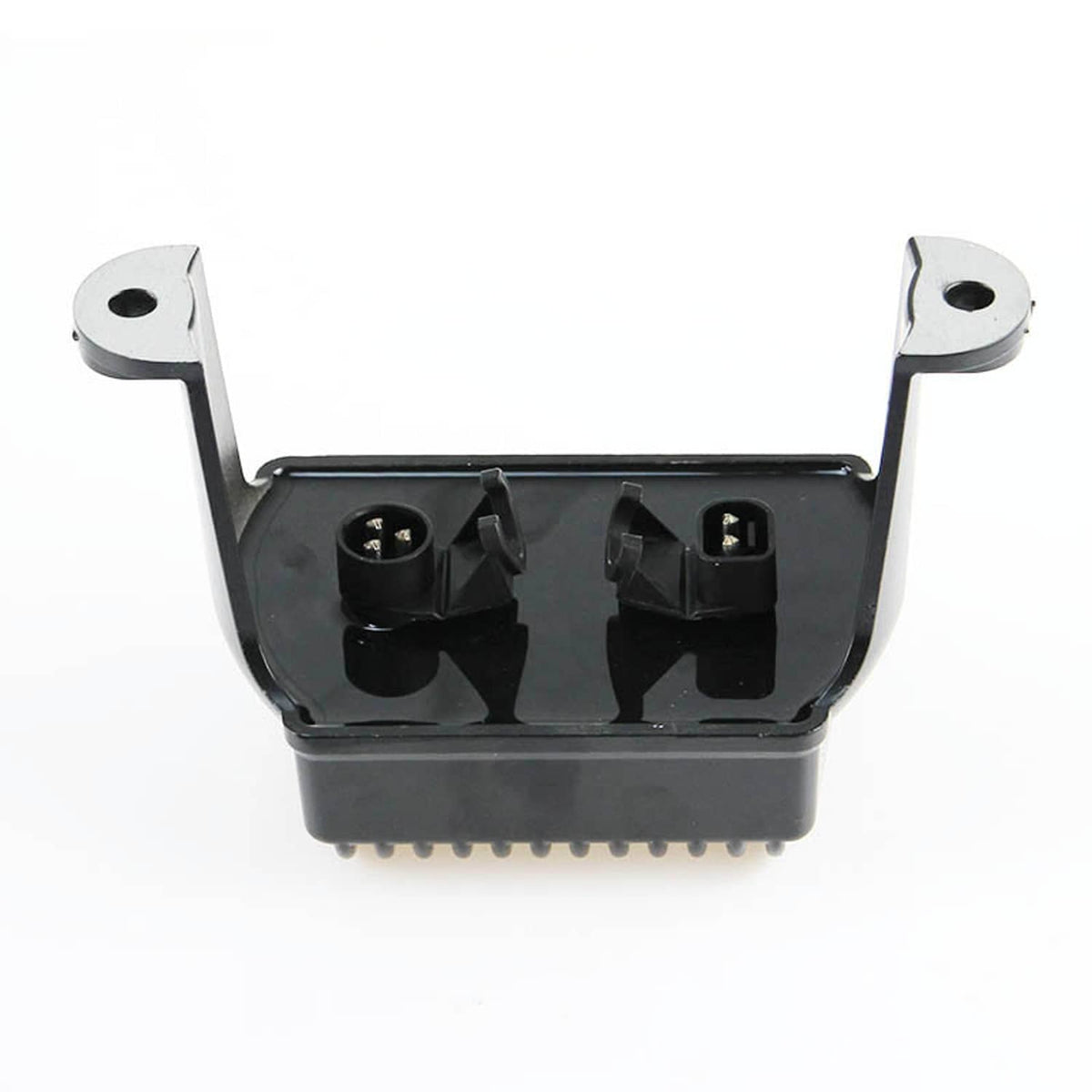 Motorcycle regulator rectifier underside with two wire connectors and mounting tabs