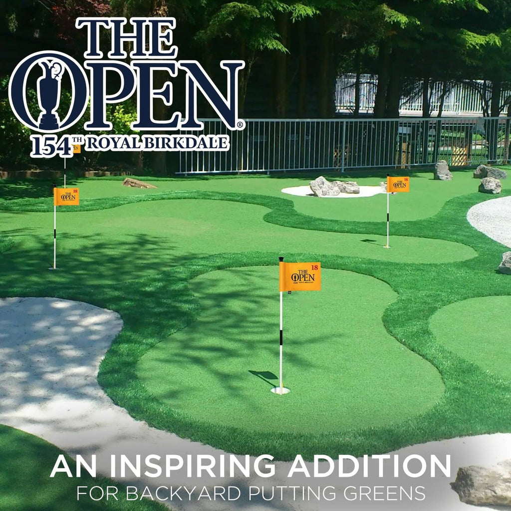 Miniature golf flag with The Open 18 logo on orange-yellow fabric for putting