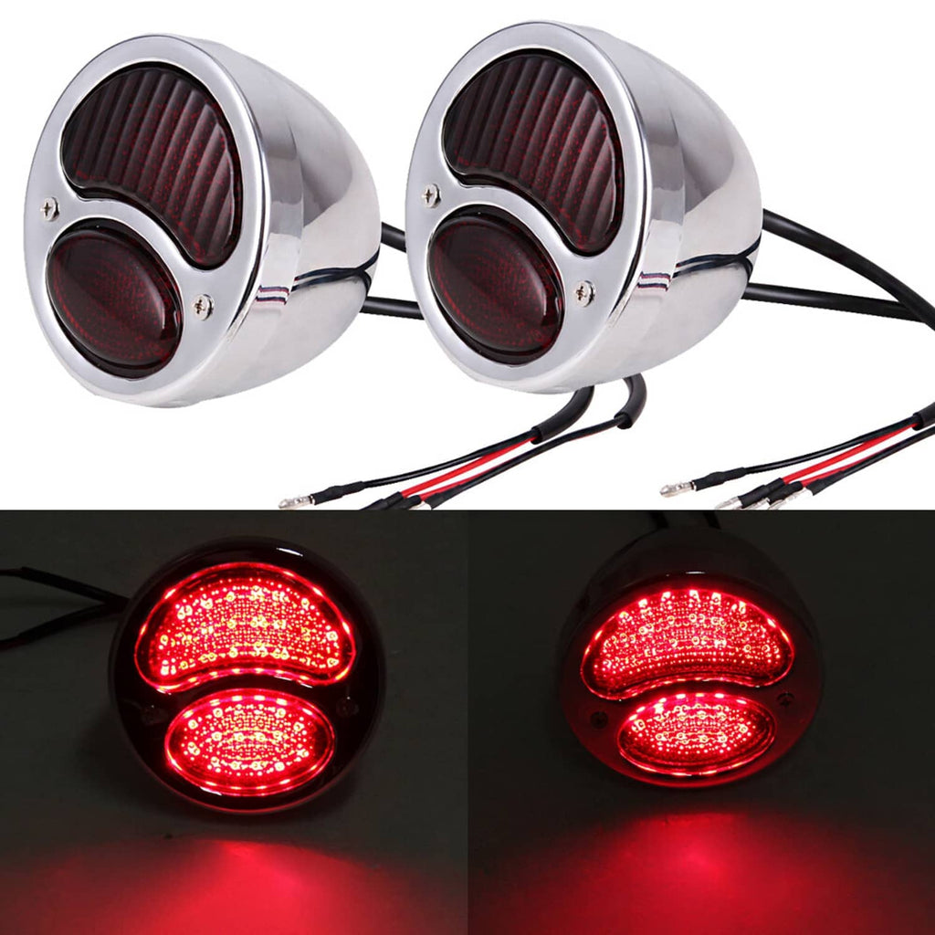 Chrome LED tail light set with dual red lenses, black wires and red/black connectors