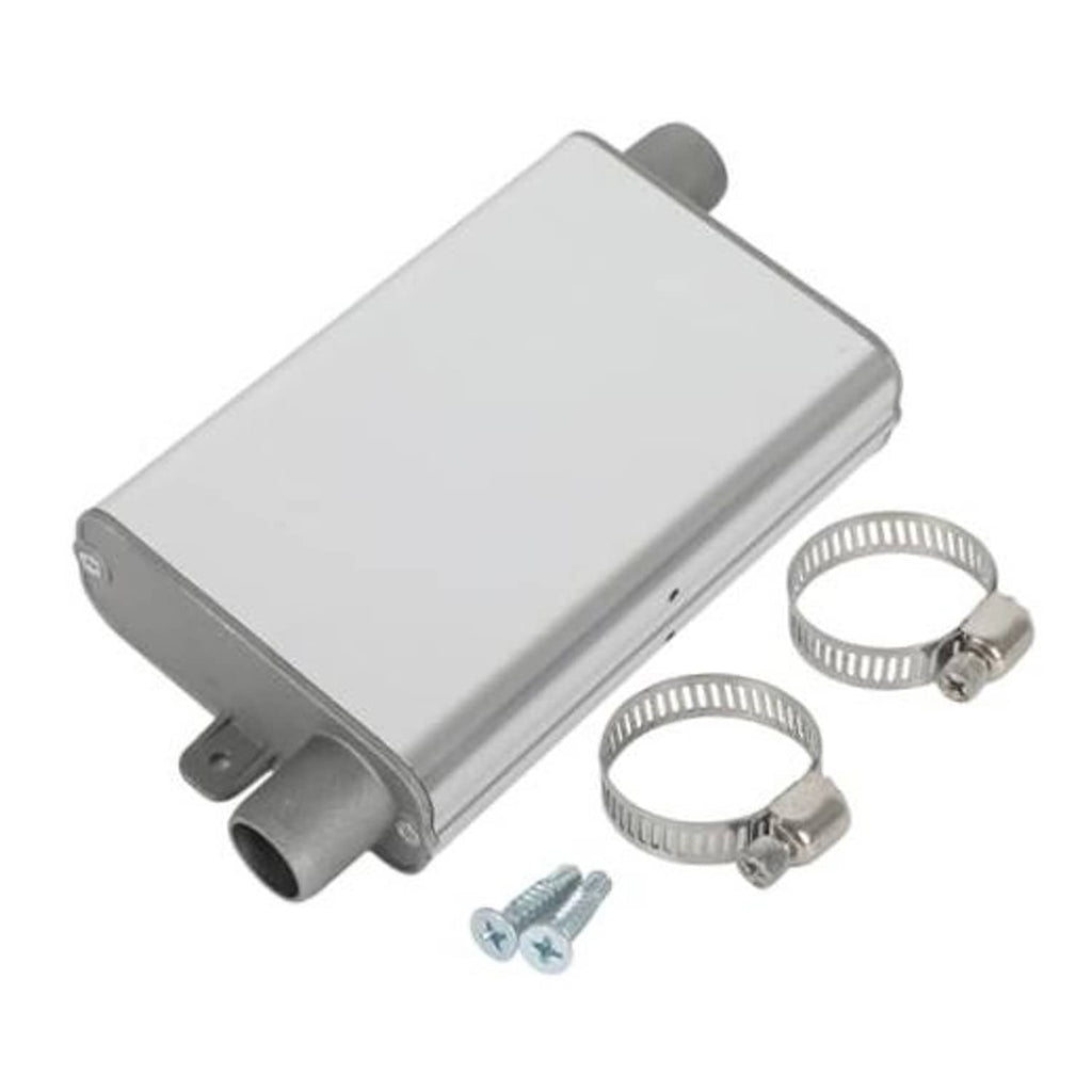 Silver exhaust muffler silencer with outlet pipe, mounting tabs, two hose clamps