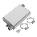 Silver exhaust muffler silencer with outlet pipe, mounting tabs, two hose clamps