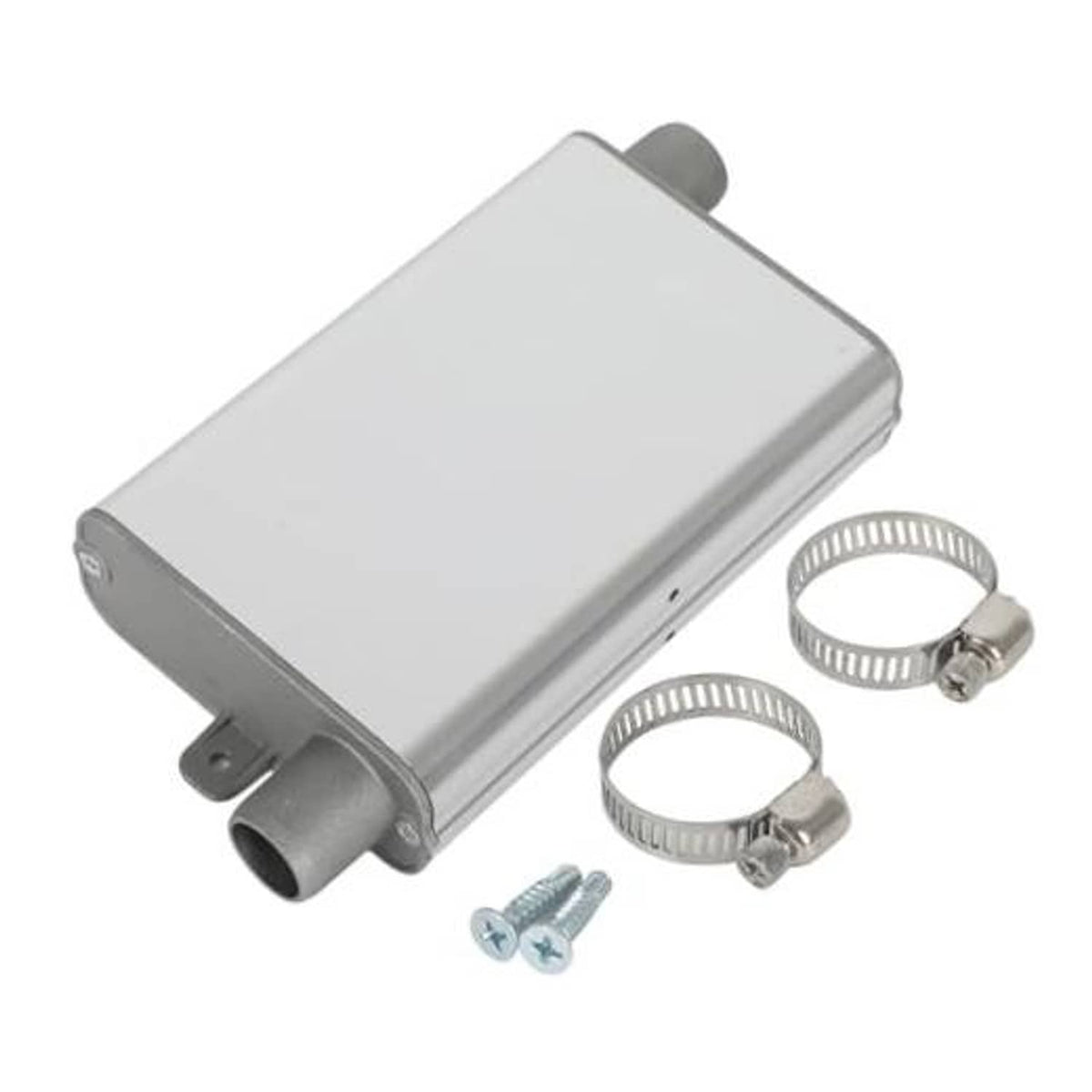 Silver exhaust muffler silencer with outlet pipe, mounting tabs, two hose clamps