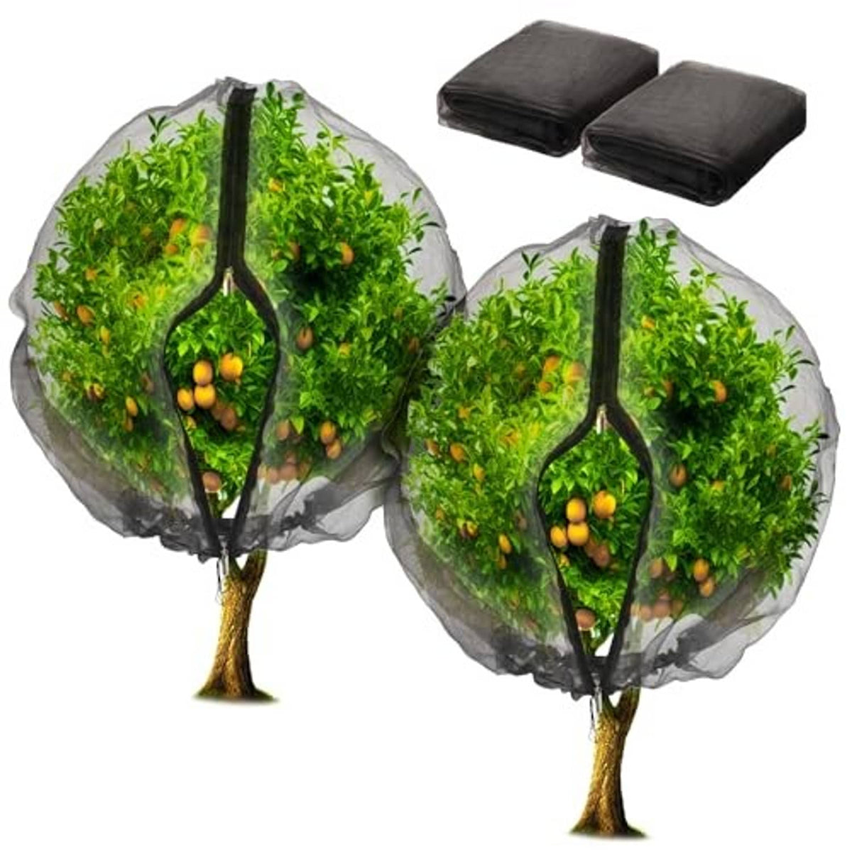 2-pack black fruit tree netting bags with zipper and drawstring, two mesh covers