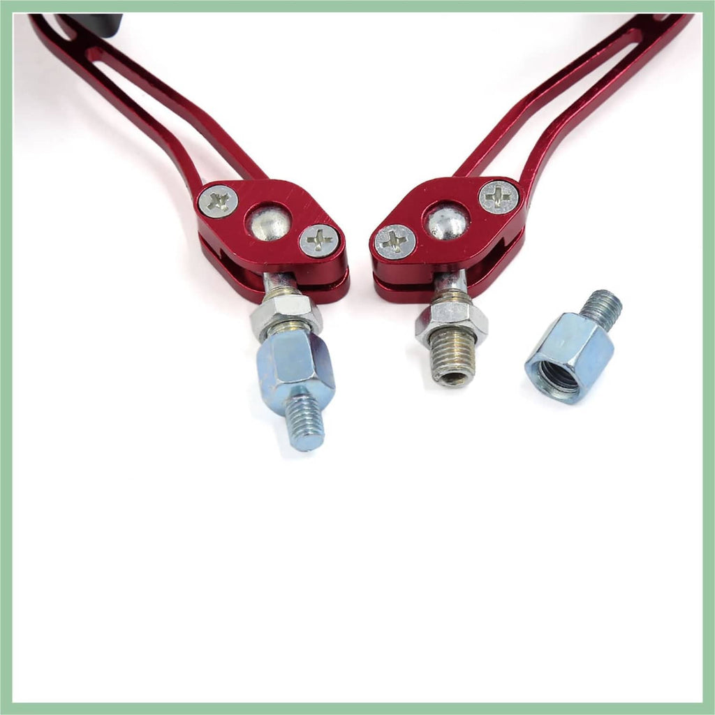 Close-up of motorcycle side mirror mounts with red clamps and threaded bolt hardware