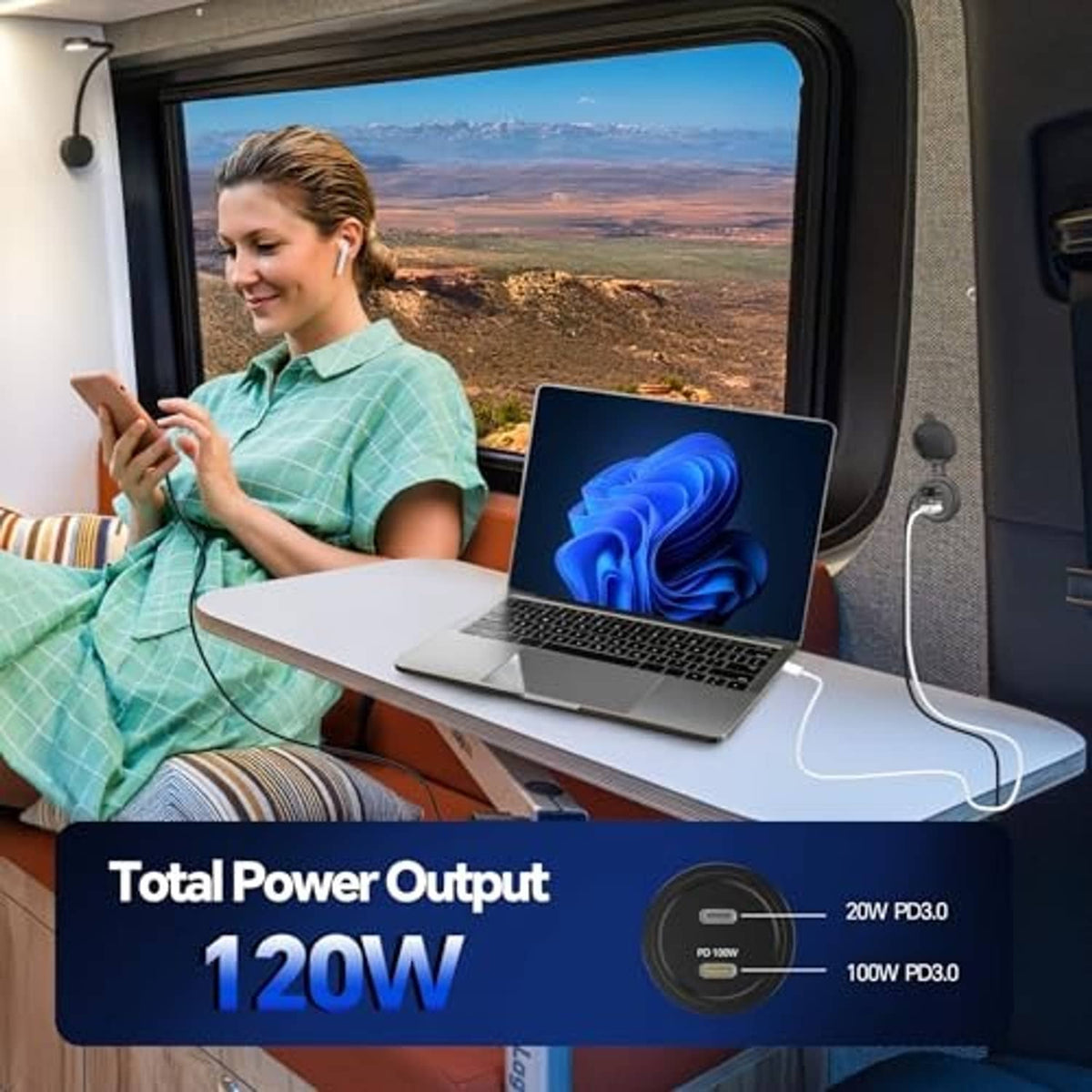 Black USB-C PD car outlet adapter with connected cable, showing gold Type-C port