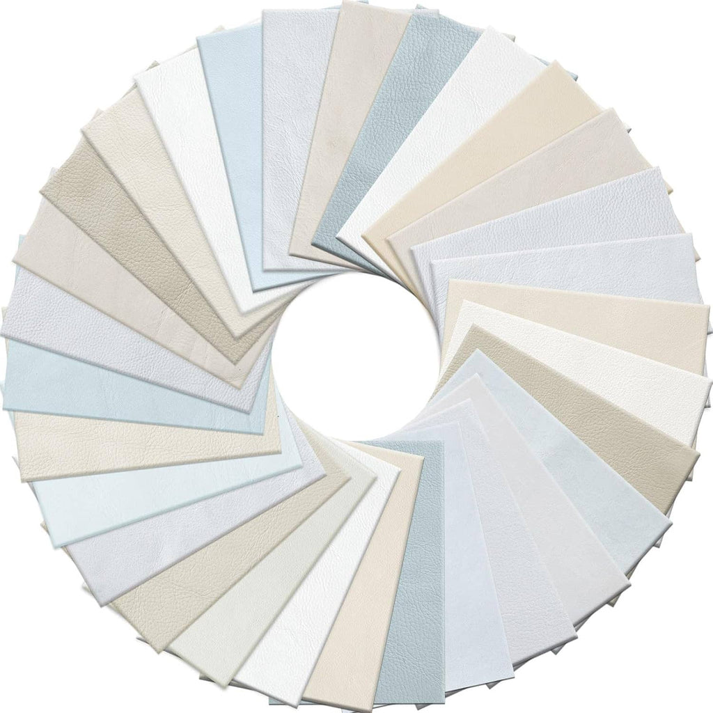Assorted genuine leather scrap sheets in light blue, white, and tan, neatly stacked in a circle