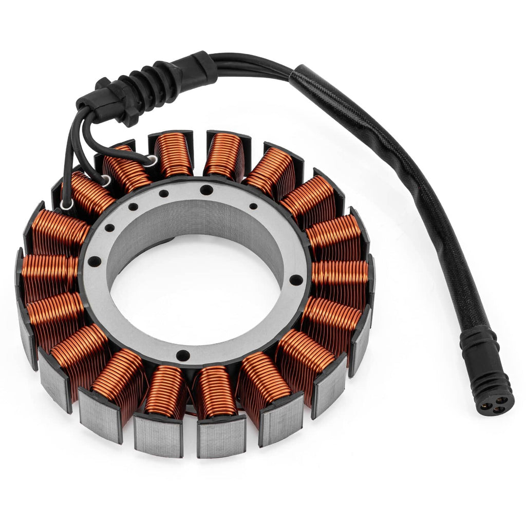 Motorcycle stator ring with copper coils and black wire harness connector, gray core