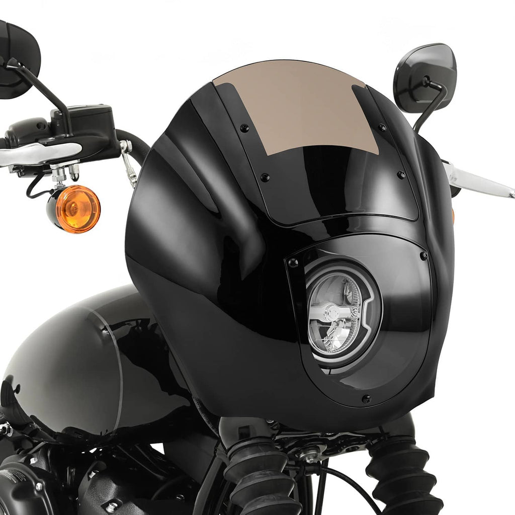 Motorcycle quarter fairing windshield kit, black with tinted screen and headlight opening