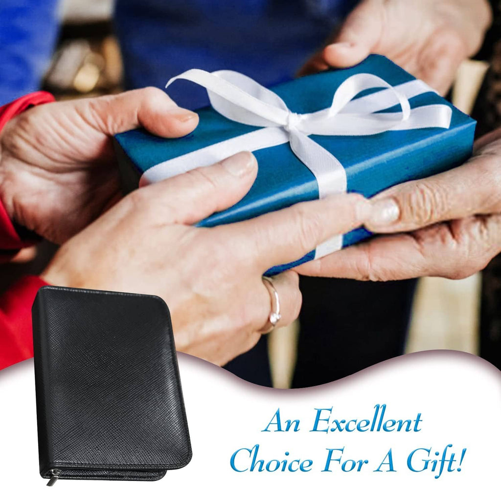 Black zippered manicure case beside a blue ribbon gift box