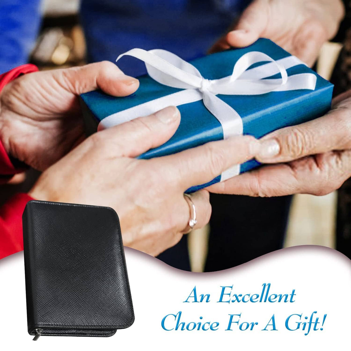 Black zippered manicure case beside a blue ribbon gift box