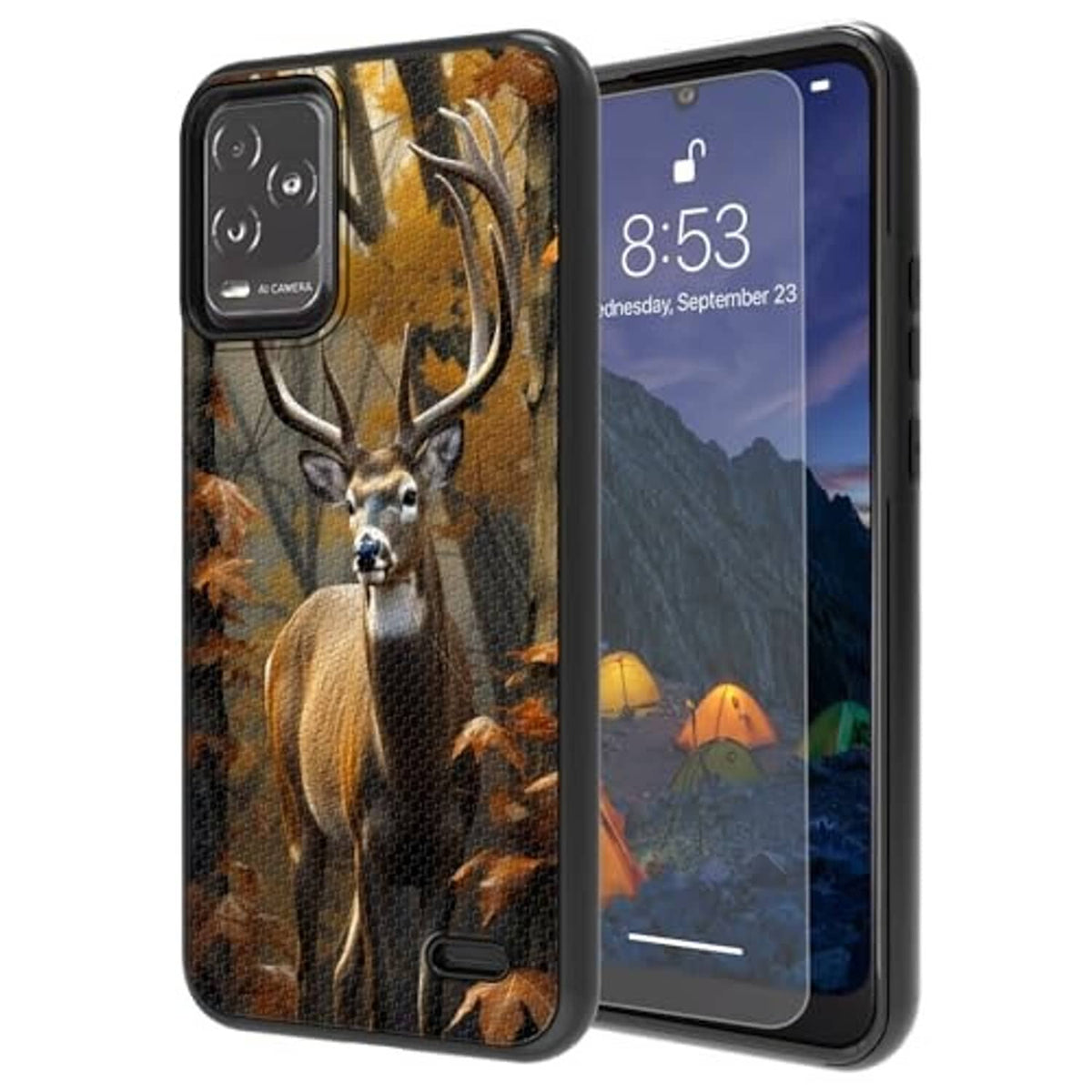 Deer camouflage phone case with tempered glass protector, front and back shown, black frame.