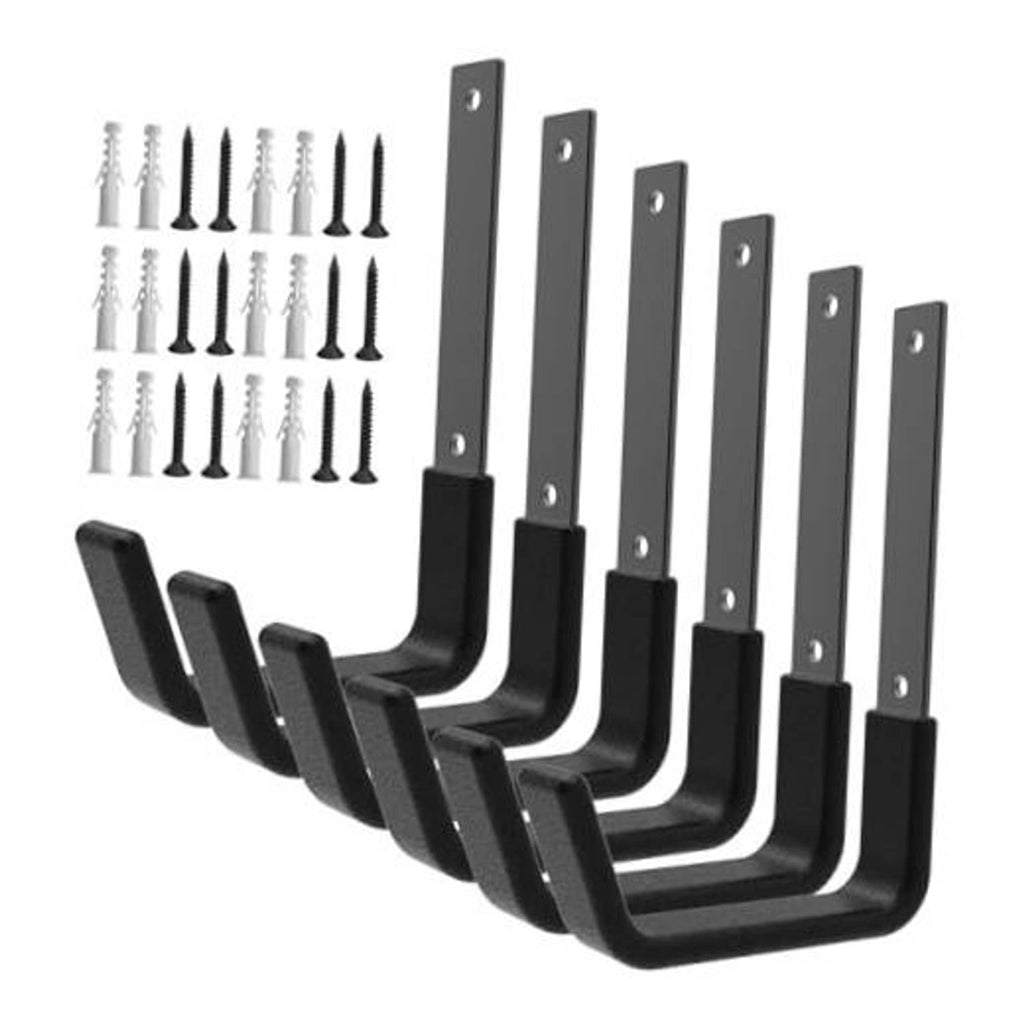 Set of 6 black U-shaped wall mount utility hooks with screw-in plates and mounting hardware