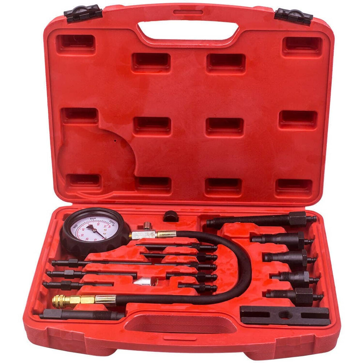 Diesel engine compression gauge tester kit with gauge, hose, and multiple adapters in case