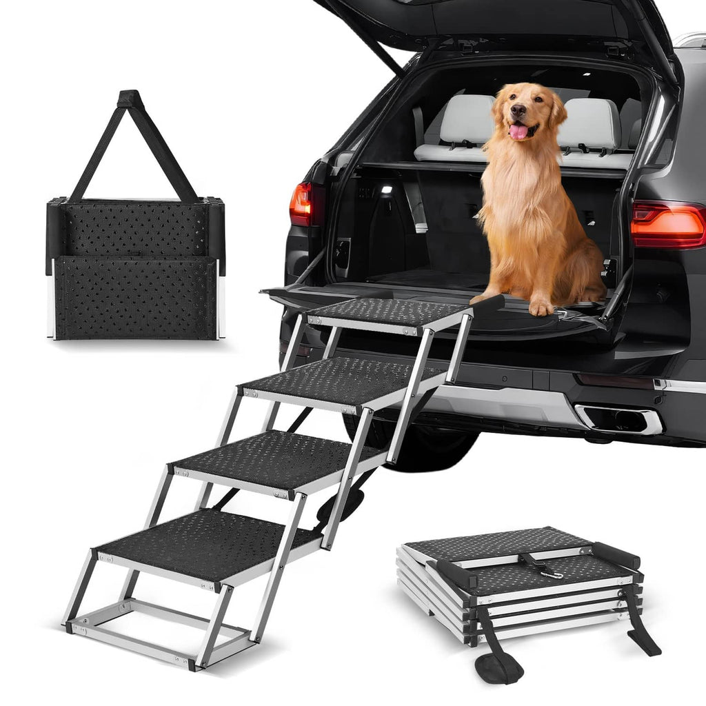 4-step folding dog stairs for cars with aluminum frame and black anti-slip treads