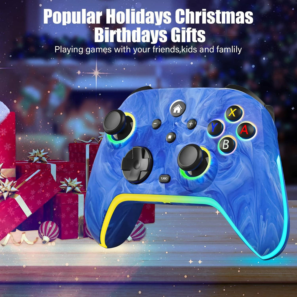 Blue Switch controller with glowing thumbsticks and multicolor edge trim