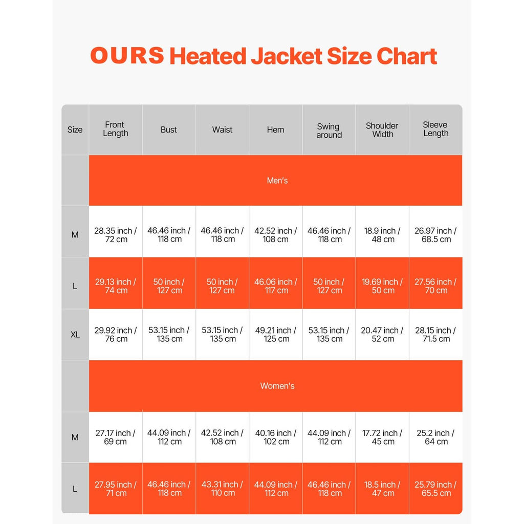 Uimoso heated jacket size chart with women’s measurements by size
