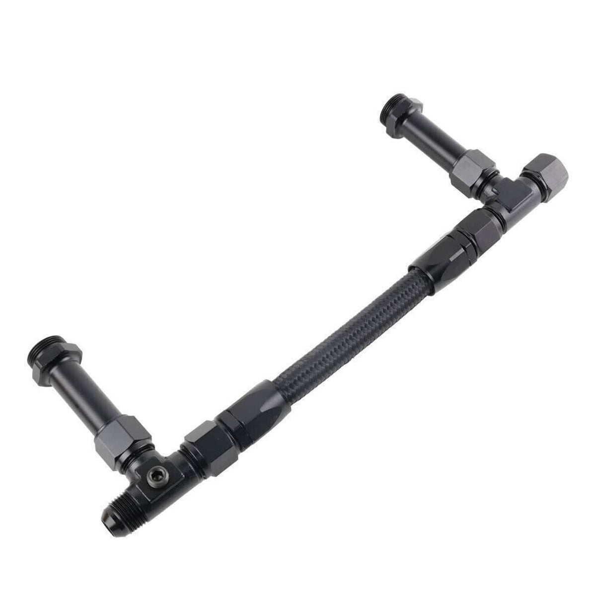 Braided fuel line kit with Y-shaped black fittings and threaded ends
