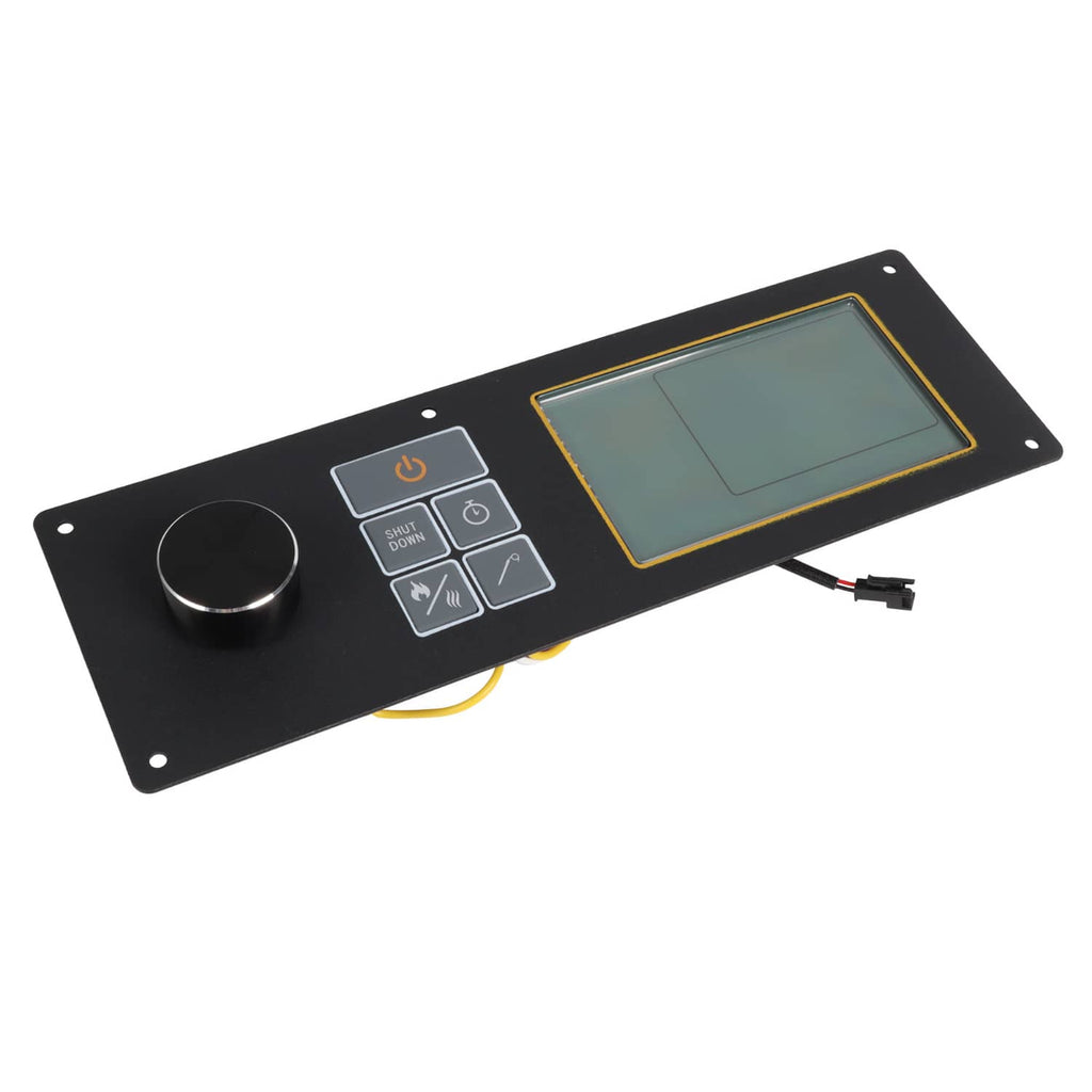 Pellet grill control board faceplate with LCD screen, control dial, and button keypad